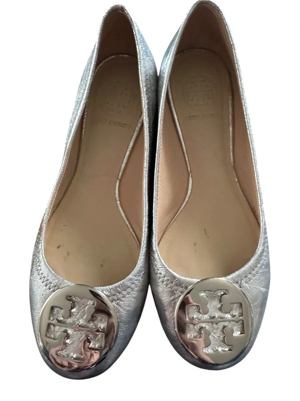 Tory Burch Metallic Silver Logo Ballet Flats